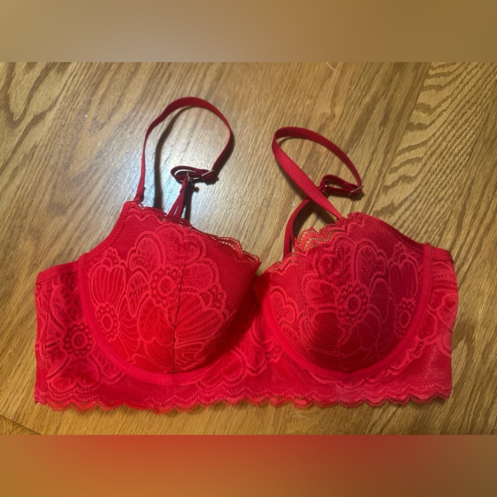 Aerie Red Real Power Lace Strappy Balconette Bra With Adjustable Straps 36B